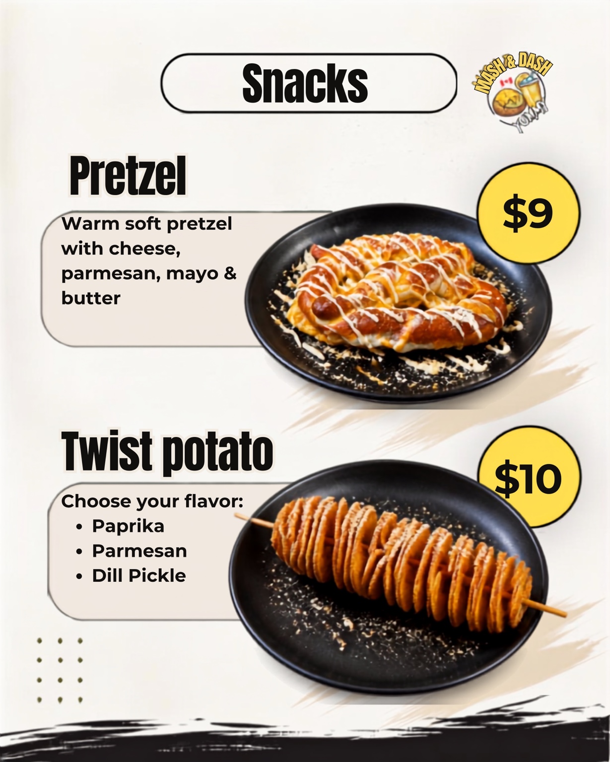 Pretzel and twist potato snack menu
