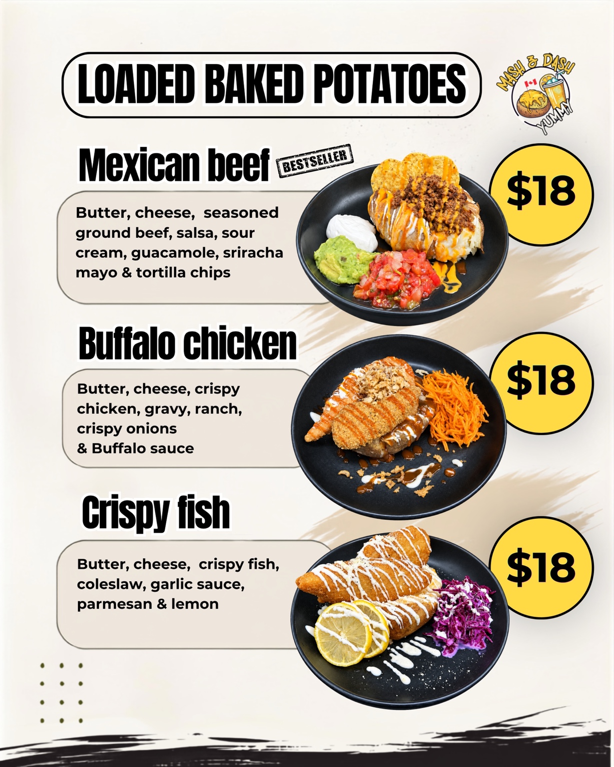 Mexican beef, Buffalo chicken and crispy fish loaded potato menu