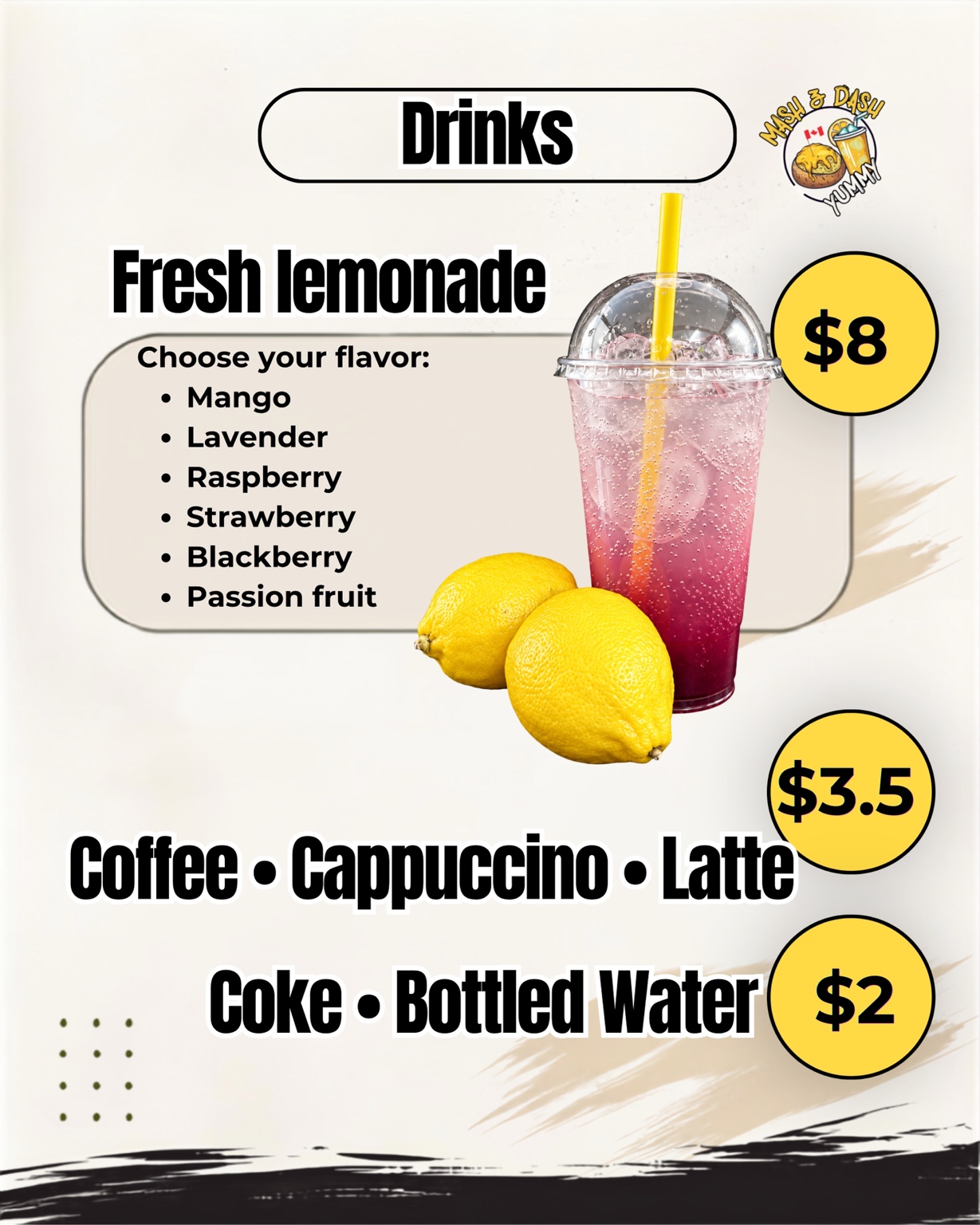 Fresh lemonade, coffee and cold beverages menu